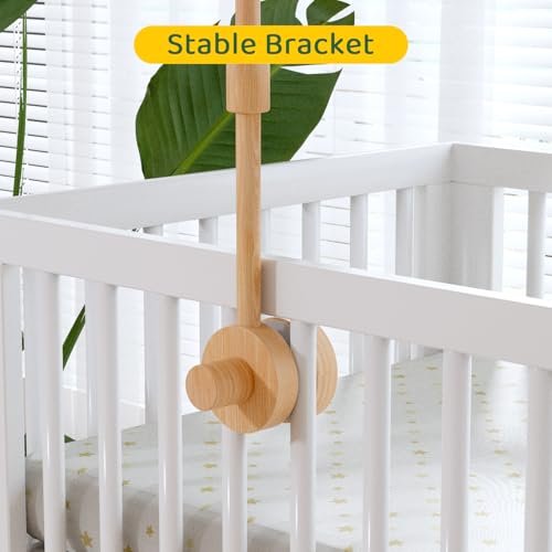 FEISIKE Woodland Animals Theme Bassinet Baby Nursery Mobiles with Modes Digital Music Box 3In1 Set-34 Inch Wooden Mobile Arm for Crib Mobile Hanger for Crib Baby Nursery Decor