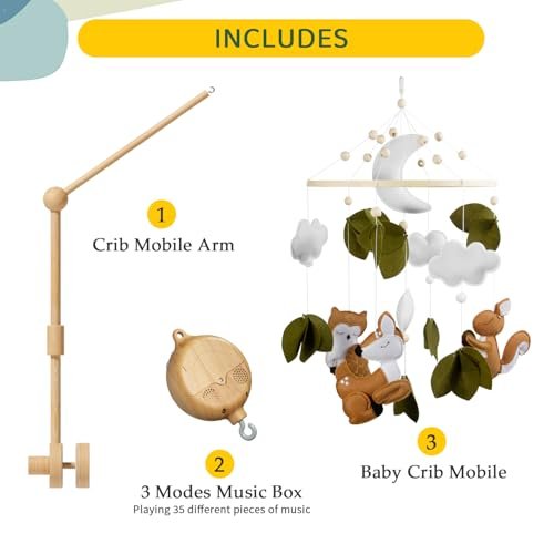 FEISIKE Woodland Animals Theme Bassinet Baby Nursery Mobiles with Modes Digital Music Box 3In1 Set-34 Inch Wooden Mobile Arm for Crib Mobile Hanger for Crib Baby Nursery Decor