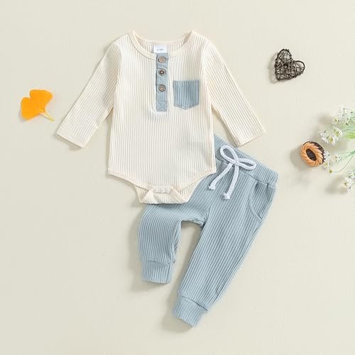 fhutpw Baby Boy Clothes 3 6 12 18 Months Ribbed Knitted Long Sleeve Romper and Pants Sets Newborn Fall Splicing Color Outfits