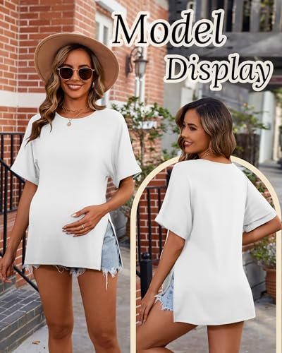 Ficerd 3 Pack Women's Maternity Shirts Half Sleeve Loose Pregnancy Tops Crew Neck Side Split Cotton Pregnant Clothes