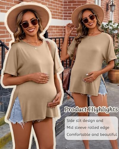Ficerd 3 Pack Women's Maternity Shirts Half Sleeve Loose Pregnancy Tops Crew Neck Side Split Cotton Pregnant Clothes