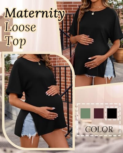Ficerd 3 Pack Women's Maternity Shirts Half Sleeve Loose Pregnancy Tops Crew Neck Side Split Cotton Pregnant Clothes