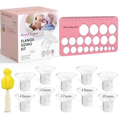 Flange Sizing Kit 3 in 1 with 10PCS Flange Inserts 13/15/17/19/21mm, Silicone Breast Pump Flanges Insert Kit for 24mm Electric Breast Pump, Pumping Breastfeeding Essentials Kit for New Mom