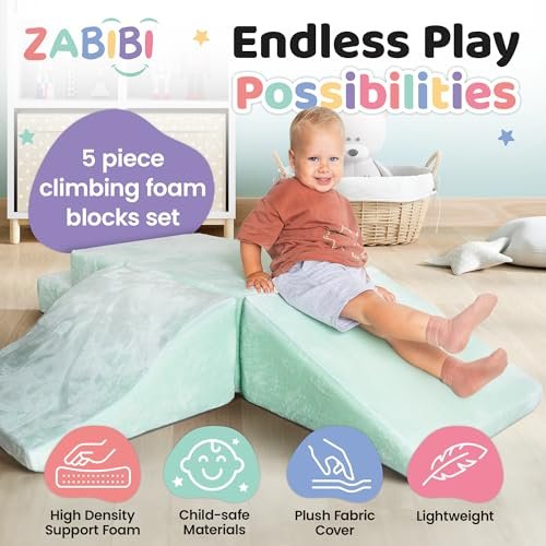 Foam Climbing Blocks for Toddlers - 5 Piece Climb and Crawl Foam Playset with Calming Green Color and Washable Cover - Nonslip Soft Play Climbing for Toddlers, Baby Gym, Toys Indoors