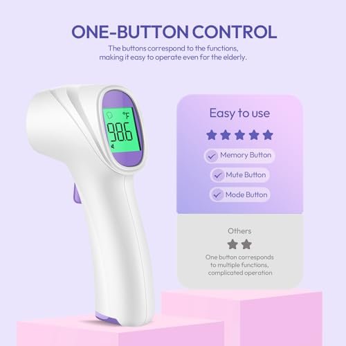 Forehead Thermometer for Adults, Kids & Babies, No-Touch Digital Thermometer with LCD Backlight Display, FSA HSA Eligible, Fever Alarm and 1s Instant Reading - Purple