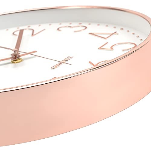 Foxtop Modern Wall Clock 12 Inch Non-Ticking Silent Battery Operated Round Quartz Rose Gold Wall Clock for Office Bedroom Living Room Kitchen Home School Decor