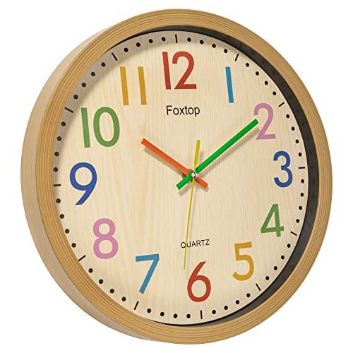 Foxtop Silent Kids Wall Clock 12 Inch Non-Ticking Battery Operated Colorful Childrens Clock for Classroom Playroom Nursery Bedrooms Kids Room School