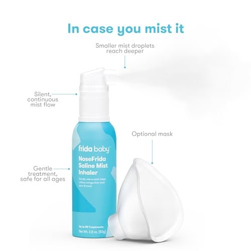 Frida Baby NoseFrida Saline Mist Nasal Inhaler, Decongestant Spray for Congestion & Allergy Relief for Babies + Kids, Nasal Saline Spray, Soothes Stuffy Nose & Sore Throat, Includes Mask, Made in USA