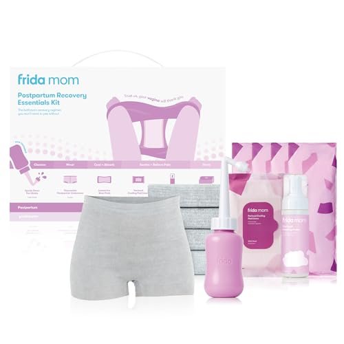 Frida Mom 11pc Postpartum Essentials Kit Gift Set, Hospital Bag Must Haves for New Mom, Includes 4 Disposable Postpartum Underwear, 4 Ice Maxi Pads, Perineal Healing Foam & 24 Pad Liners & Peri Bottle