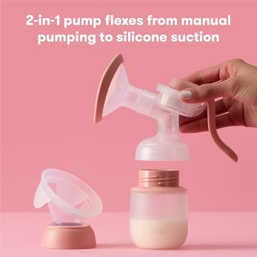 Frida Mom 2-in-1 Manual Breast Pump with Hands-Free Silicone Suction Cup, Milk Collector, Wireless Ergonomic Handle, and SoftFeel Flange for Breastfeeding