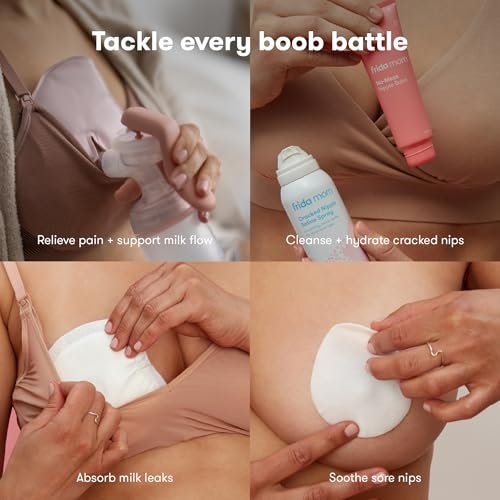 Frida Mom Breastfeeding Survival Kit for Nursing Moms, Reusable Hot+Cold Breast Relief Packs, Hydrogel Nipple Pads, Cracked Nipple Saline Spray, Nipple Balm, Nursing Pads, 13 Piece Gift Set