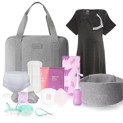 Frida Mom Pre-Packed Hospital & Diaper Bag Essentials, C-Section Delivery, Recovery, & Newborn Grooming Kit in One, Easy to Organize with Removable Toiletry Bags, & Suitcase Strap (50pc Gift Set)