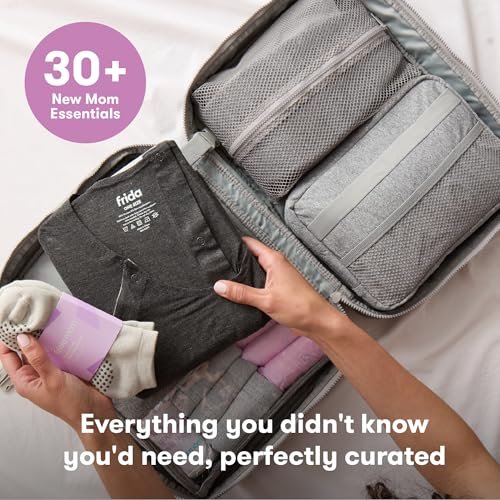Frida Mom Pre-Packed Hospital & Diaper Bag Essentials, C-Section Delivery, Recovery, & Newborn Grooming Kit in One, Easy to Organize with Removable Toiletry Bags, & Suitcase Strap (50pc Gift Set)