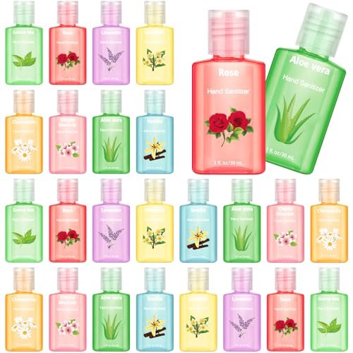Frienda 24 Pcs Mini Hand Sanitizers Bulk Travel Size Scented Hand Sanitizers 1 Fl oz Lavender Vanilla Assorted Floral Scents for Guest Birthday Baby Shower Bridal Shower Wedding Party Gifts