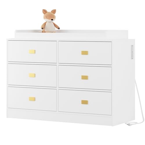GarveeHome Dresser for Bedroom with 6 Drawers, Changing Table Dresser with Power Outlets, Soft Changing Pad & Removable Top, Baby Dresser with Changing Table Top for Nursery - White