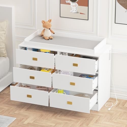 GarveeHome Dresser for Bedroom with 6 Drawers, Changing Table Dresser with Power Outlets, Soft Changing Pad & Removable Top, Baby Dresser with Changing Table Top for Nursery - White
