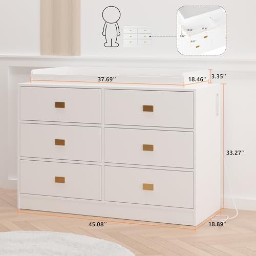 GarveeHome Dresser for Bedroom with 6 Drawers, Changing Table Dresser with Power Outlets, Soft Changing Pad & Removable Top, Baby Dresser with Changing Table Top for Nursery - White