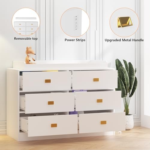 GarveeHome Dresser for Bedroom with 6 Drawers, Changing Table Dresser with Power Outlets, Soft Changing Pad & Removable Top, Baby Dresser with Changing Table Top for Nursery - White
