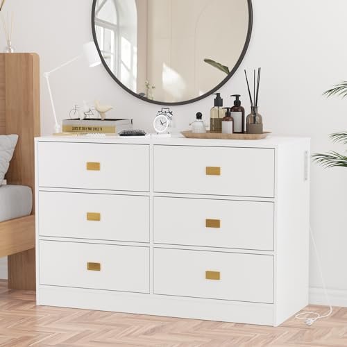 GarveeHome Dresser for Bedroom with 6 Drawers, Changing Table Dresser with Power Outlets, Soft Changing Pad & Removable Top, Baby Dresser with Changing Table Top for Nursery - White