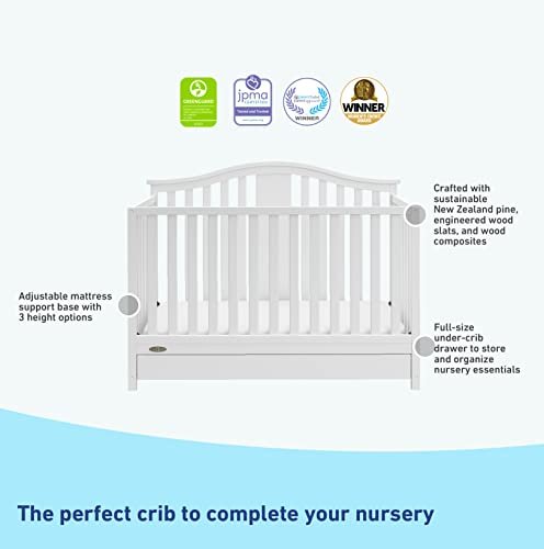 Graco Solano 4-in-1 Convertible Crib with Drawer Combo (White) – GREENGUARD Gold Certified, Includes Full-Size Nursery Storage Drawer, Converts to Toddler Bed and Full-Size Bed