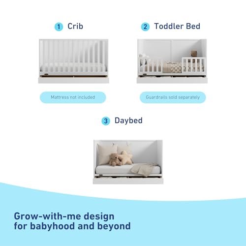 Graco Theo 3-in-1 Convertible Crib with Storage Drawer (White) – GREENGUARD Gold Certified Baby Crib Crafted from Wood, Converts to Toddler Bed, Daybed, and Full-Size Bed