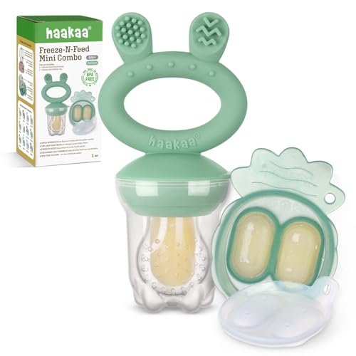 Haakaa Baby Fruit Food Feeder & Mini Freezer Nibble Tray Combo, Breastmilk Popsicle Molds for Cooling Relief, BPA Free Silicone Feeder for Safe Infant Self Feeding, 4 Month+ (Pea Green)