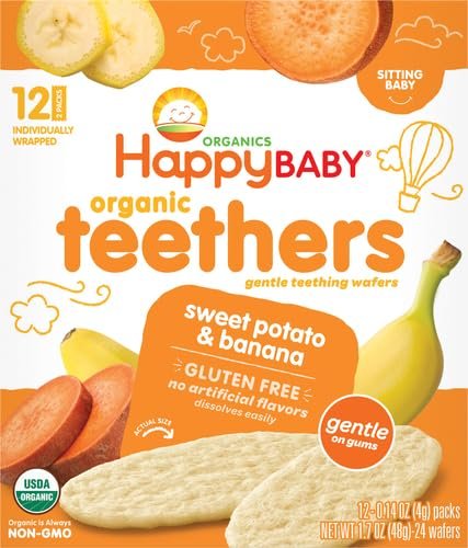 Happy Baby Gentle Teethers Organic Teething Wafers Banana Sweet Potato, Soothing Rice Cookies for Teething Babies Dissolves Easily Organic Gluten Free No Artificial Flavor,0.14 Ounce (Pack of 12)