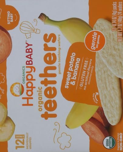 Happy Baby Gentle Teethers Organic Teething Wafers Banana Sweet Potato, Soothing Rice Cookies for Teething Babies Dissolves Easily Organic Gluten Free No Artificial Flavor,0.14 Ounce (Pack of 12)
