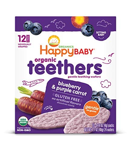 Happy Baby Gentle Teethers Organic Teething Wafers Blueberry Purple Carrot, 0.14 Ounce Packets (Box of 12) Soothing Rice Cookies for Teething Babies Dissolves Easily, Gluten Free No Artificial Flavor