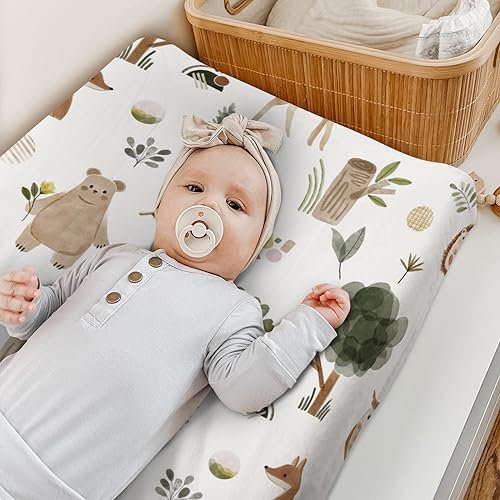 HawSkgFub Boho Woodland Animals Changing Pad Cover for Baby Girls Boys, Natural Forest Bear Deer Fox Diaper Change Table Covers, Soft Stretchy Safe Snug Fitted Changing Mat Sheets Fit 32"/34" x 16"