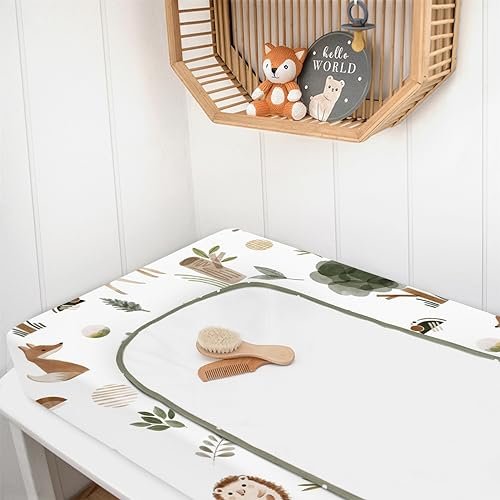 HawSkgFub Boho Woodland Animals Changing Pad Cover for Baby Girls Boys, Natural Forest Bear Deer Fox Diaper Change Table Covers, Soft Stretchy Safe Snug Fitted Changing Mat Sheets Fit 32"/34" x 16"