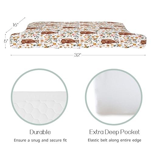HawSkgFub Highland Cow Boho Floral Changing Pad Cover for Baby Girls, Western Farm Animal Retro Flower Diaper Change Table Covers, Soft Stretchy Safe Snug Fitted Changing Mat Sheet Fit 32"/34" x 16"