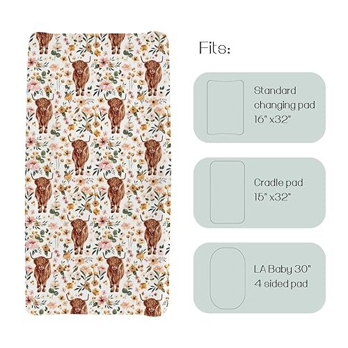 HawSkgFub Highland Cow Boho Floral Changing Pad Cover for Baby Girls, Western Farm Animal Retro Flower Diaper Change Table Covers, Soft Stretchy Safe Snug Fitted Changing Mat Sheet Fit 32"/34" x 16"