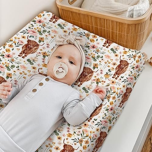 HawSkgFub Highland Cow Boho Floral Changing Pad Cover for Baby Girls, Western Farm Animal Retro Flower Diaper Change Table Covers, Soft Stretchy Safe Snug Fitted Changing Mat Sheet Fit 32"/34" x 16"