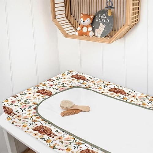 HawSkgFub Highland Cow Boho Floral Changing Pad Cover for Baby Girls, Western Farm Animal Retro Flower Diaper Change Table Covers, Soft Stretchy Safe Snug Fitted Changing Mat Sheet Fit 32"/34" x 16"