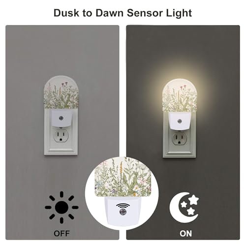 Herbs and Wild Flowers Night Light for Kids,Watercolor Green Botanical Floral Leaves Night Light Plug in with Dusk to Dawn Sensor,0.5w Energy Saving Nightlight for Hallway Stairway Kitchen Bedroom