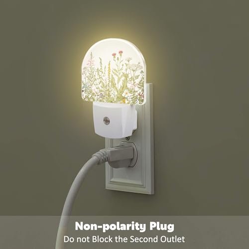 Herbs and Wild Flowers Night Light for Kids,Watercolor Green Botanical Floral Leaves Night Light Plug in with Dusk to Dawn Sensor,0.5w Energy Saving Nightlight for Hallway Stairway Kitchen Bedroom