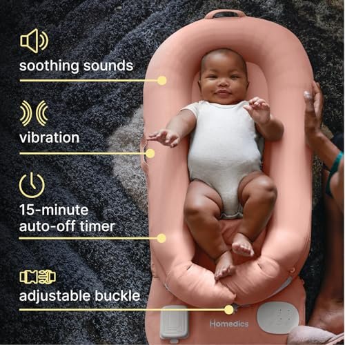 Homedics 3-in-1 Calming Baby Cushion, Soothing Comfort for Newborns & Infants, Snuggling Sensation, Sound and Vibration, Designed for Safety, Cordless, Rechargeable & Machine-Washable, Coral