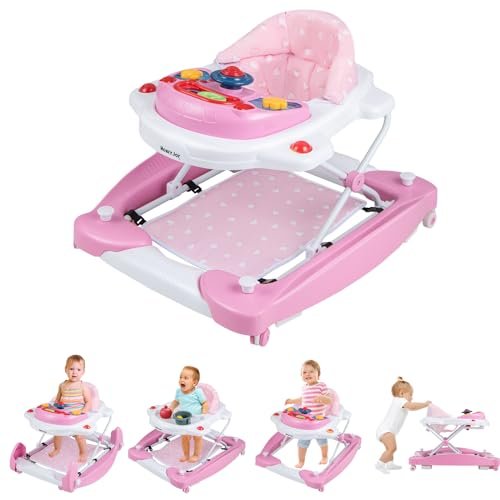 HONEY JOY Baby Walker, 6-in-1 Foldable Baby Walker and Bouncer Combo, Infant Activity Walker with Wheels, Adjustable Heights, Rocker, Music, Lights, Walker for Baby Boy Girl 7-14 Months (Pink)