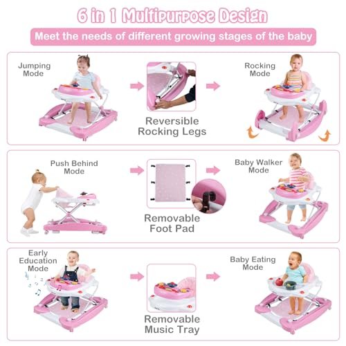 HONEY JOY Baby Walker, 6-in-1 Foldable Baby Walker and Bouncer Combo, Infant Activity Walker with Wheels, Adjustable Heights, Rocker, Music, Lights, Walker for Baby Boy Girl 7-14 Months (Pink)