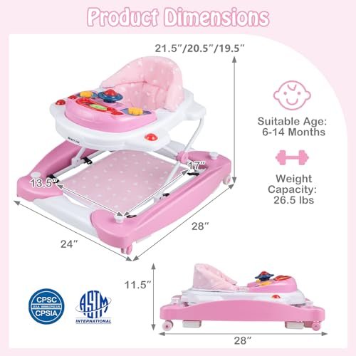 HONEY JOY Baby Walker, 6-in-1 Foldable Baby Walker and Bouncer Combo, Infant Activity Walker with Wheels, Adjustable Heights, Rocker, Music, Lights, Walker for Baby Boy Girl 7-14 Months (Pink)