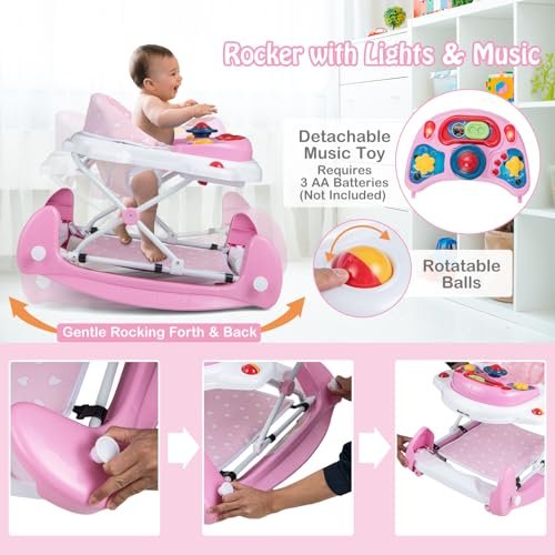 HONEY JOY Baby Walker, 6-in-1 Foldable Baby Walker and Bouncer Combo, Infant Activity Walker with Wheels, Adjustable Heights, Rocker, Music, Lights, Walker for Baby Boy Girl 7-14 Months (Pink)