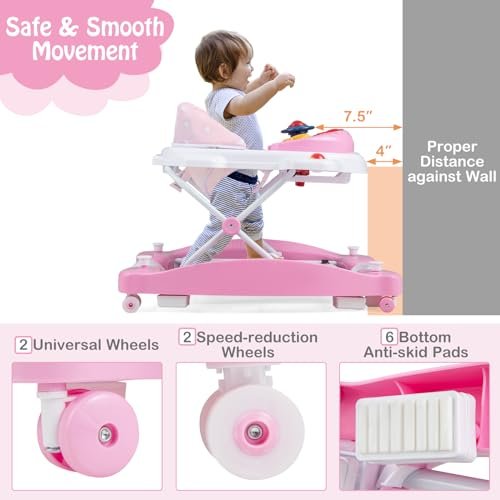 HONEY JOY Baby Walker, 6-in-1 Foldable Baby Walker and Bouncer Combo, Infant Activity Walker with Wheels, Adjustable Heights, Rocker, Music, Lights, Walker for Baby Boy Girl 7-14 Months (Pink)