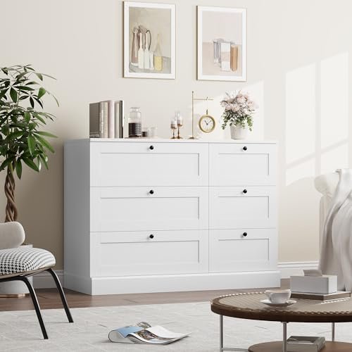 HOSTACK 6 Drawer Dresser, White Dresser for Bedroom, Wood Wide Chest of Drawers, Modern Drawer Chest for Living Room, Entryway, Hallway, White
