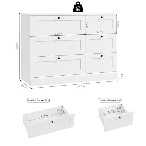 HOSTACK 6 Drawer Dresser, White Dresser for Bedroom, Wood Wide Chest of Drawers, Modern Drawer Chest for Living Room, Entryway, Hallway, White