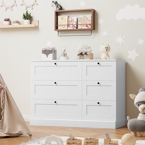 HOSTACK 6 Drawer Dresser, White Dresser for Bedroom, Wood Wide Chest of Drawers, Modern Drawer Chest for Living Room, Entryway, Hallway, White