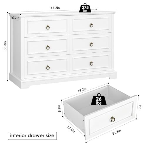 HOSTACK 6 Drawers Dresser for Bedroom, White Dressers & Chests of Drawers, 47.2" Wide Wood Double Dresser, Modern Farmhouse Storage Dressers, 6 Drawer Chest for Living Room, Entryway, Hallway