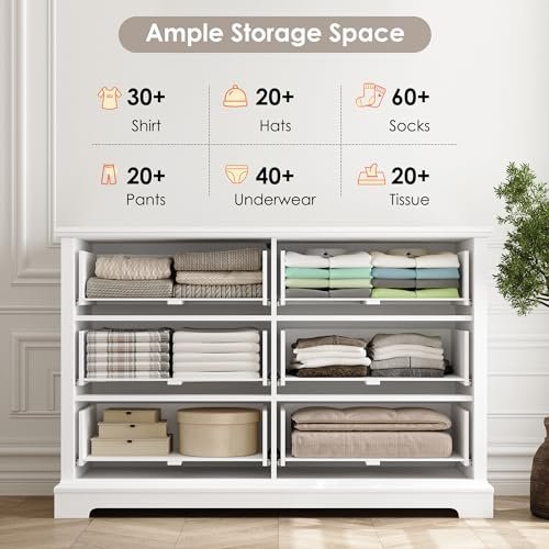 HOSTACK 6 Drawers Dresser for Bedroom, White Dressers & Chests of Drawers, 47.2" Wide Wood Double Dresser, Modern Farmhouse Storage Dressers, 6 Drawer Chest for Living Room, Entryway, Hallway