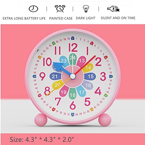 HOTIYOK Telling Time Teaching Clock for Nursery Kids Learning Alarm Clock 4 Inch Analog Clock Small Cute Table Clocks Girls Bedroom Desk Silent Non Ticking Educational Clock(Pink)