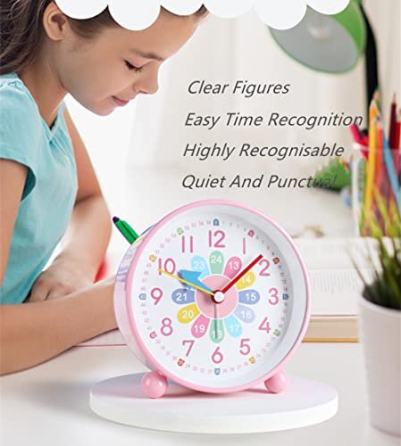 HOTIYOK Telling Time Teaching Clock for Nursery Kids Learning Alarm Clock 4 Inch Analog Clock Small Cute Table Clocks Girls Bedroom Desk Silent Non Ticking Educational Clock(Pink)